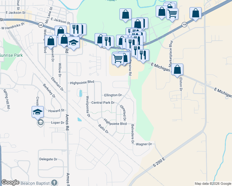 map of restaurants, bars, coffee shops, grocery stores, and more near 1340 Ellington Dr in Shelbyville
