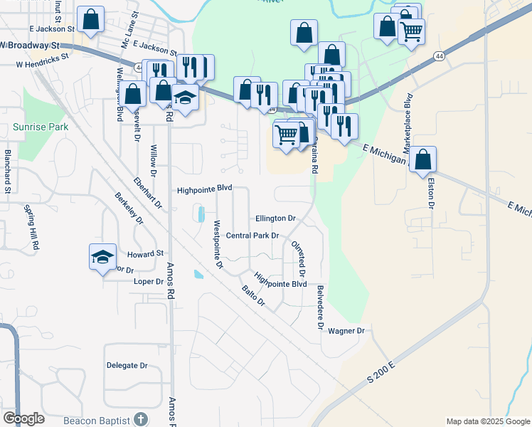 map of restaurants, bars, coffee shops, grocery stores, and more near 1316 Ellington Drive in Shelbyville