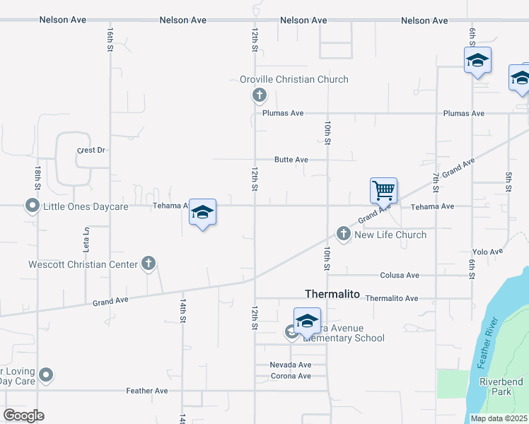map of restaurants, bars, coffee shops, grocery stores, and more near 1165 Tehama Avenue in Oroville