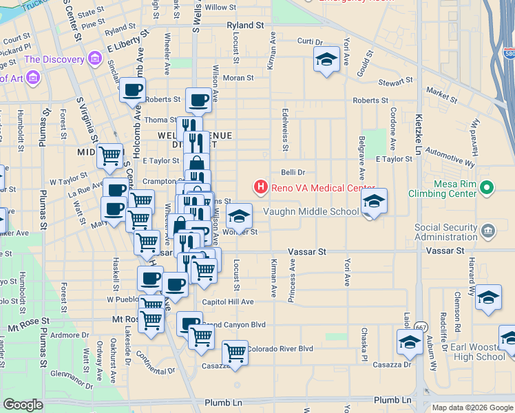 map of restaurants, bars, coffee shops, grocery stores, and more near 634 Burns Street in Reno