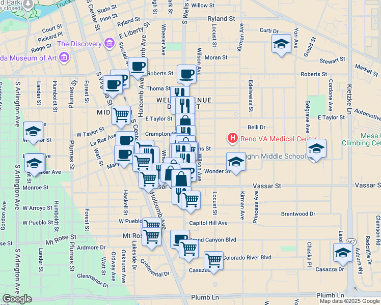 map of restaurants, bars, coffee shops, grocery stores, and more near 1107 Wilson Avenue in Reno
