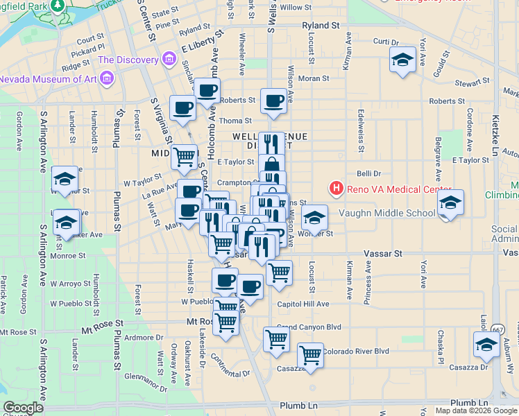 map of restaurants, bars, coffee shops, grocery stores, and more near 1125 South Wells Avenue in Reno