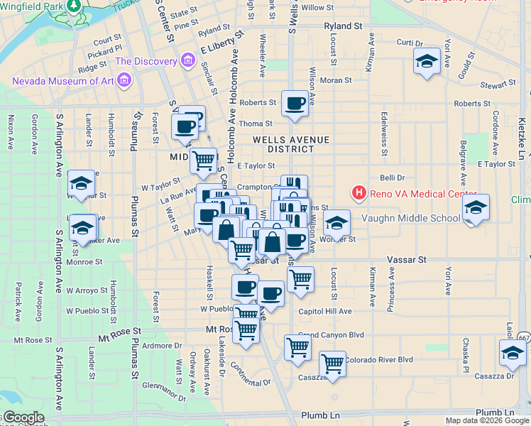 map of restaurants, bars, coffee shops, grocery stores, and more near 1135 Wheeler Avenue in Reno