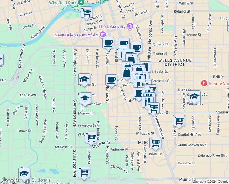 map of restaurants, bars, coffee shops, grocery stores, and more near 198 Martin Street in Reno