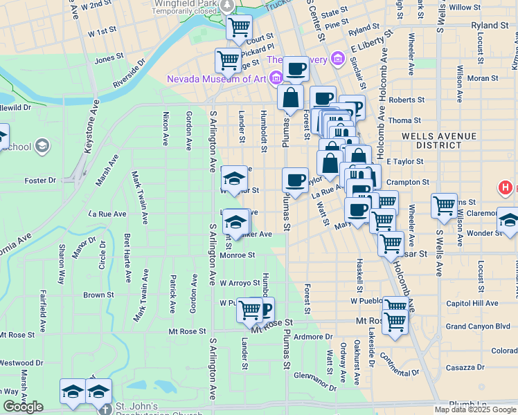 map of restaurants, bars, coffee shops, grocery stores, and more near 1035 Humboldt Street in Reno