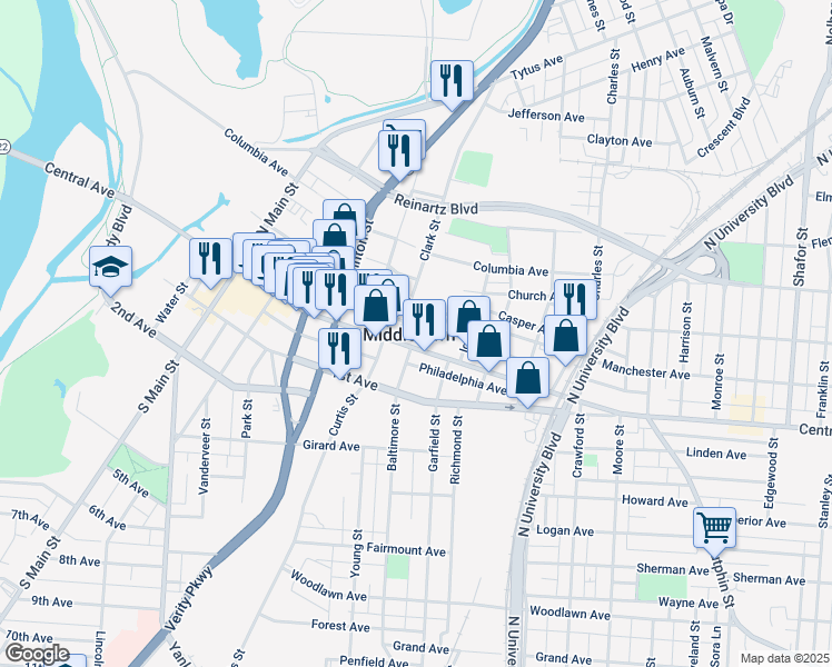 map of restaurants, bars, coffee shops, grocery stores, and more near 1516 Central Avenue in Middletown
