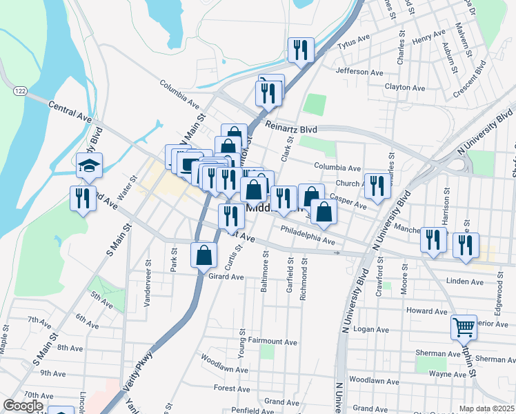 map of restaurants, bars, coffee shops, grocery stores, and more near in Middletown