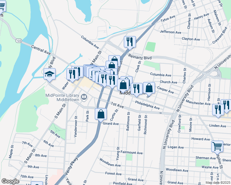 map of restaurants, bars, coffee shops, grocery stores, and more near 11 South Clinton Street in Middletown
