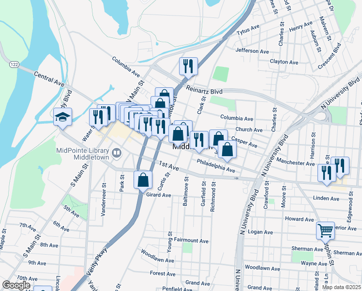 map of restaurants, bars, coffee shops, grocery stores, and more near in Middletown