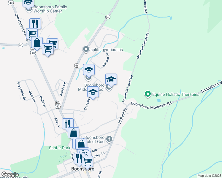 map of restaurants, bars, coffee shops, grocery stores, and more near 1 Jh Wade Drive in Boonsboro