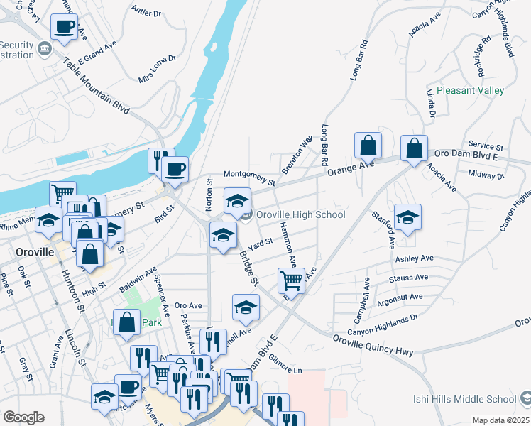 map of restaurants, bars, coffee shops, grocery stores, and more near 2945 Grand View Avenue in Oroville