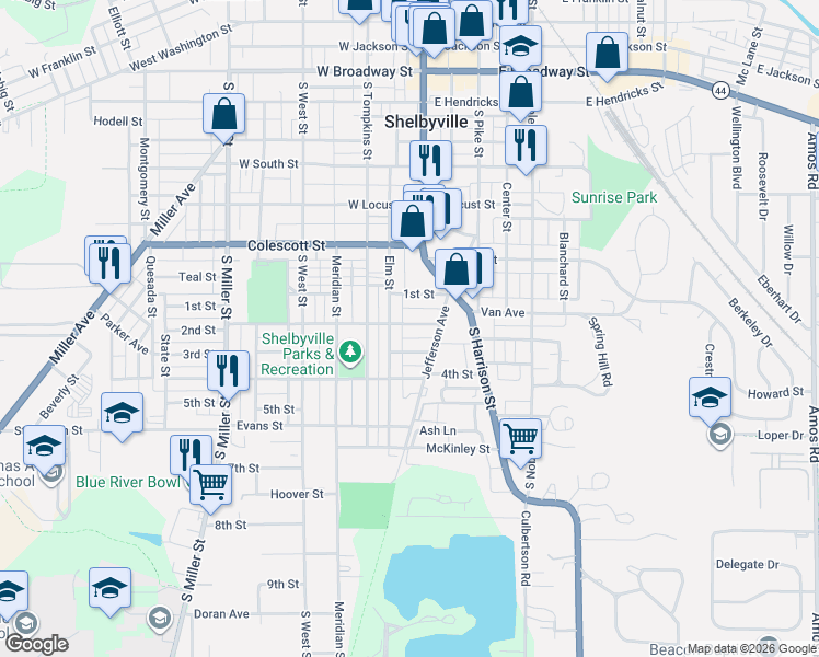 map of restaurants, bars, coffee shops, grocery stores, and more near 124 3rd Street in Shelbyville