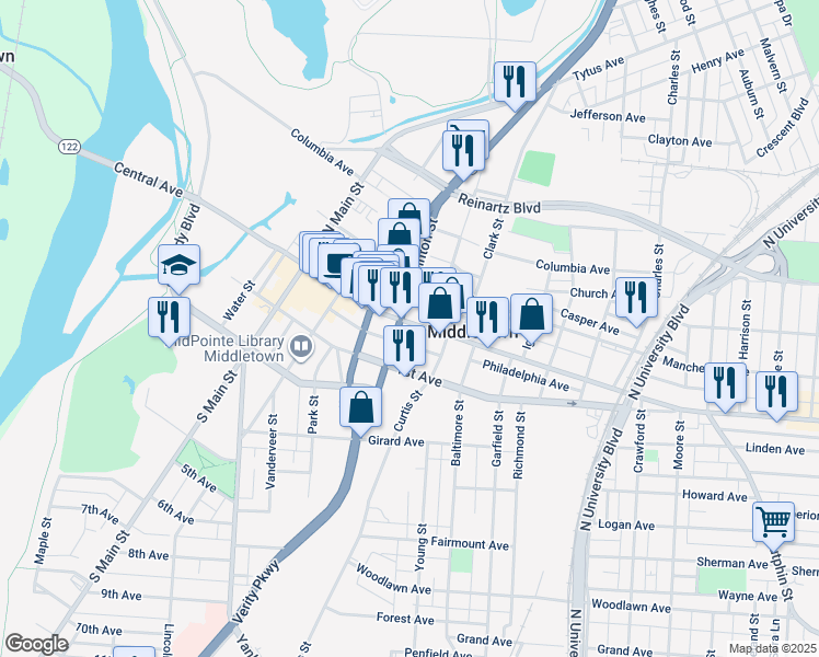 map of restaurants, bars, coffee shops, grocery stores, and more near 11 South Clinton Street in Middletown