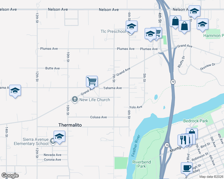 map of restaurants, bars, coffee shops, grocery stores, and more near 720 Yuba Avenue in Oroville
