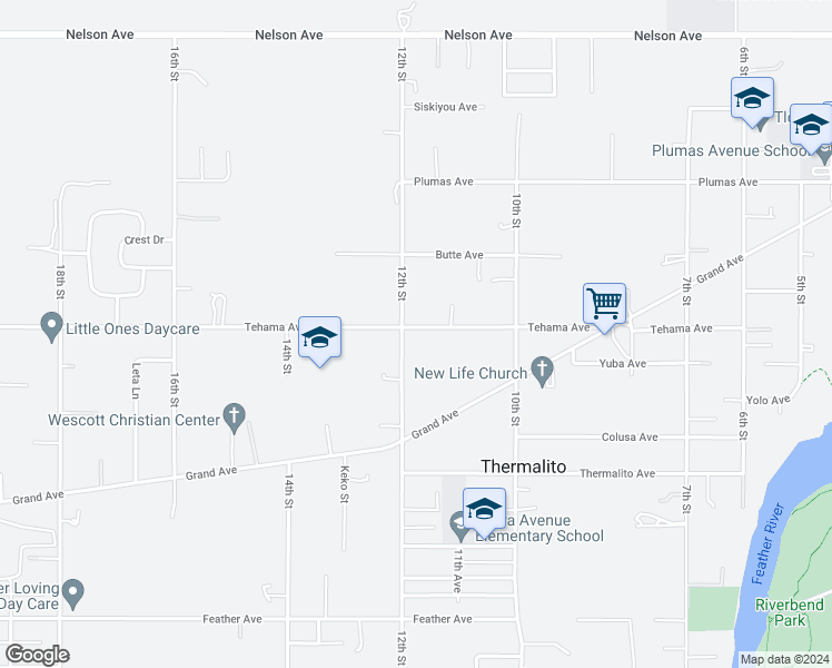 map of restaurants, bars, coffee shops, grocery stores, and more near 1165 Tehama Avenue in Oroville