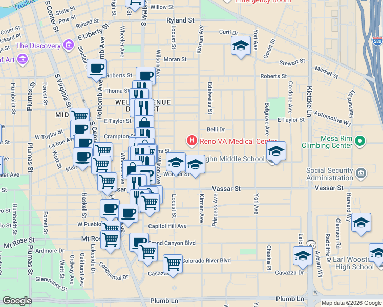 map of restaurants, bars, coffee shops, grocery stores, and more near 560 Claremont Circle in Reno