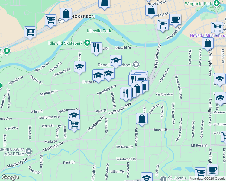 map of restaurants, bars, coffee shops, grocery stores, and more near 805 Lahontan Way in Reno