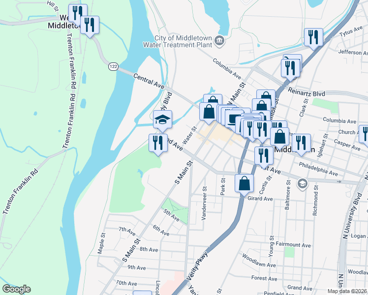 map of restaurants, bars, coffee shops, grocery stores, and more near 204 South Main Street in Middletown