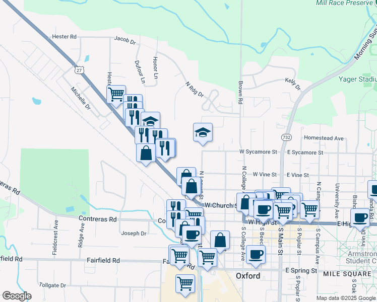 map of restaurants, bars, coffee shops, grocery stores, and more near 420 West Vine Street in Oxford