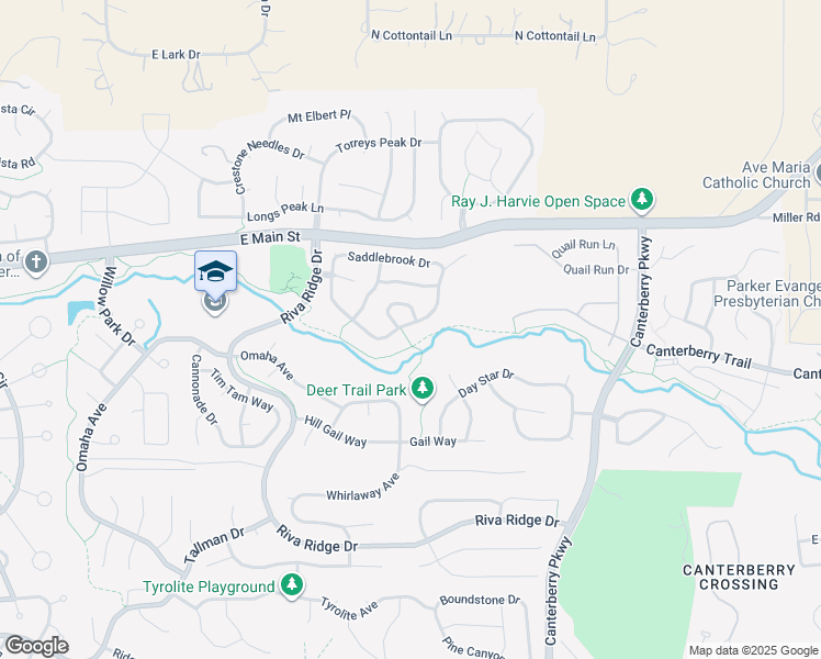map of restaurants, bars, coffee shops, grocery stores, and more near 21822 Silver Meadow Lane in Parker