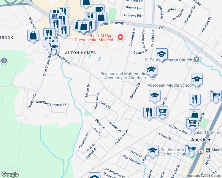 map of restaurants, bars, coffee shops, grocery stores, and more near 631 West Bel Air Avenue in Aberdeen