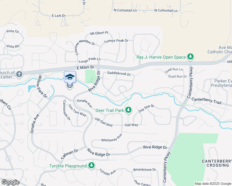 map of restaurants, bars, coffee shops, grocery stores, and more near 21779 Silver Meadow Lane in Parker
