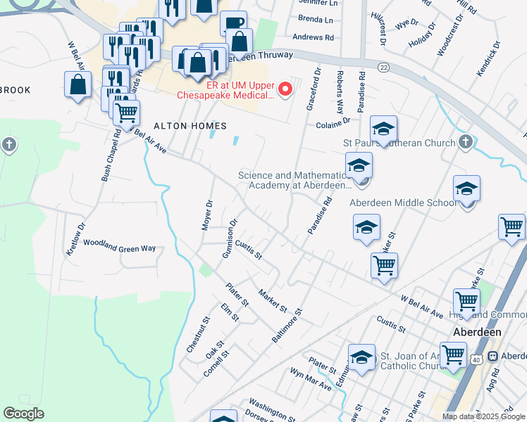 map of restaurants, bars, coffee shops, grocery stores, and more near 631 West Bel Air Avenue in Aberdeen
