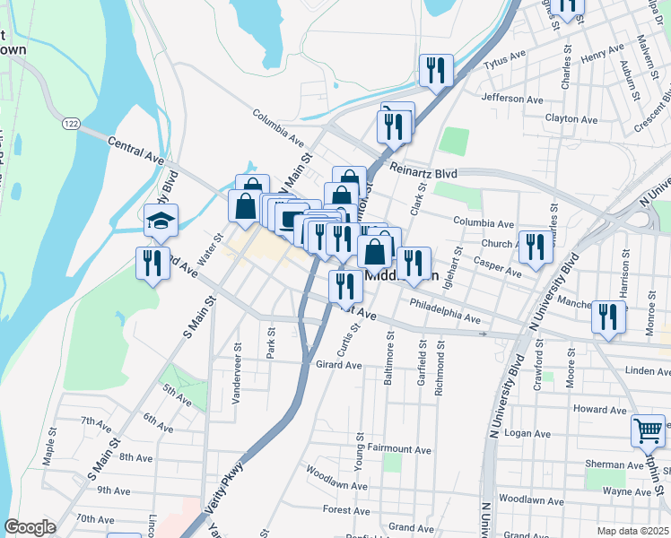 map of restaurants, bars, coffee shops, grocery stores, and more near 1201 Central Avenue in Middletown