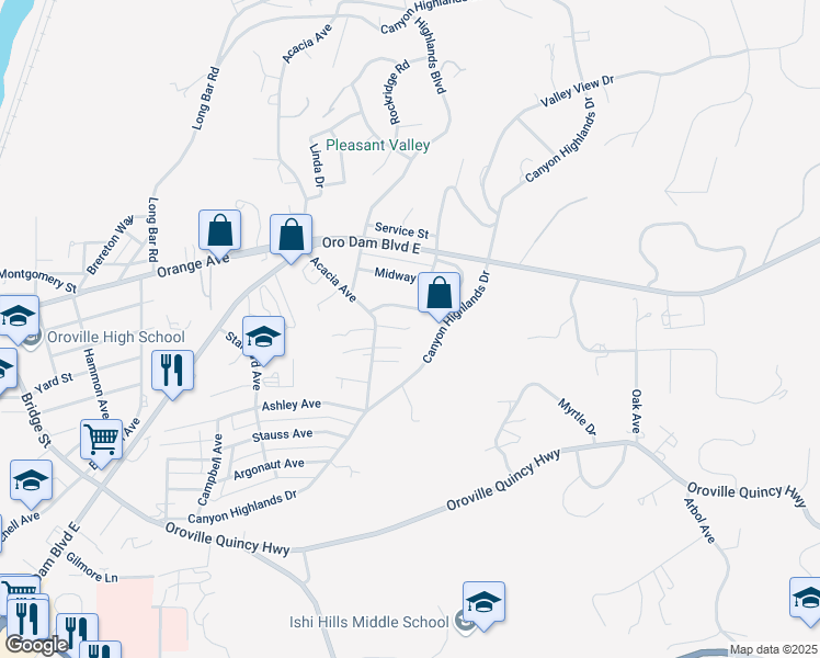 map of restaurants, bars, coffee shops, grocery stores, and more near 2 Highlands Terrace in Oroville