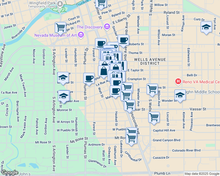 map of restaurants, bars, coffee shops, grocery stores, and more near 95 La Rue Avenue in Reno