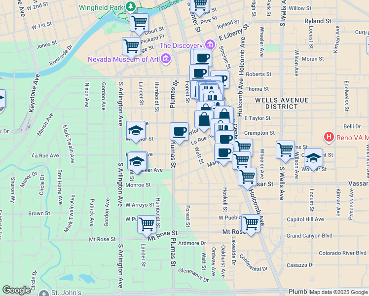 map of restaurants, bars, coffee shops, grocery stores, and more near 800 Forest Street in Reno
