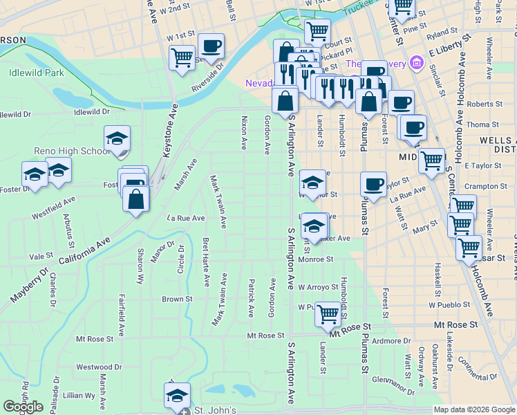 map of restaurants, bars, coffee shops, grocery stores, and more near 836 Gordon Avenue in Reno