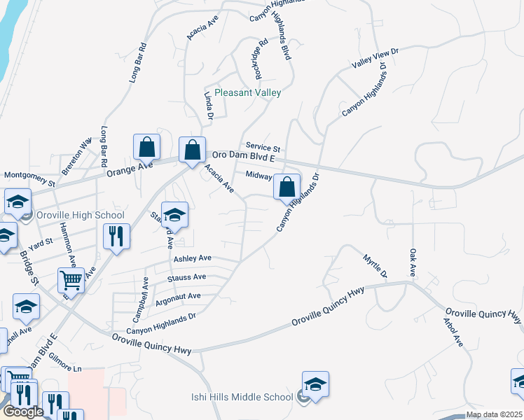 map of restaurants, bars, coffee shops, grocery stores, and more near 19 Oak Park Way in Oroville