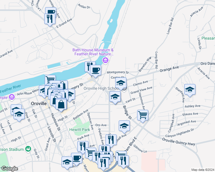 map of restaurants, bars, coffee shops, grocery stores, and more near 1465 Bridge Street in Oroville