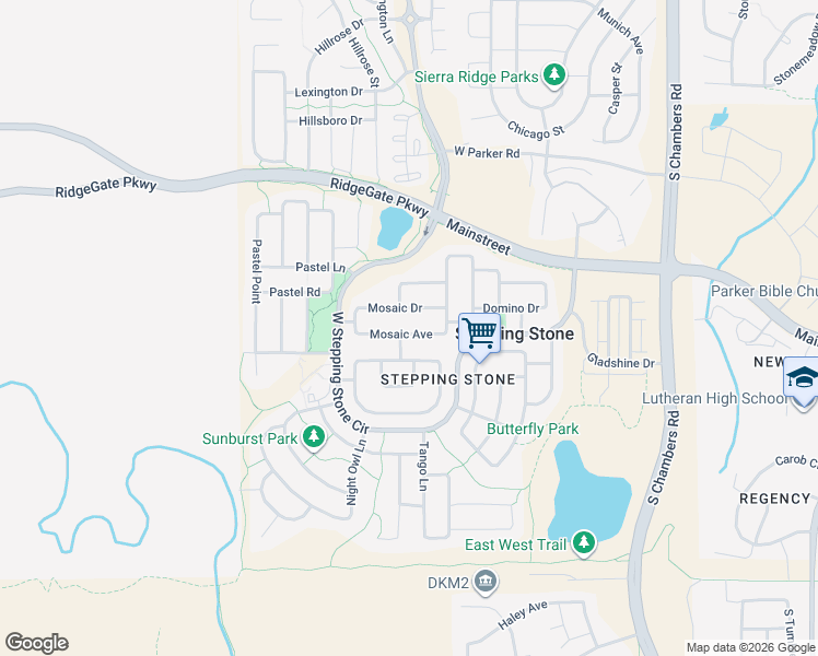 map of restaurants, bars, coffee shops, grocery stores, and more near 14367 Mosaic Drive in Parker