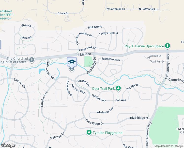 map of restaurants, bars, coffee shops, grocery stores, and more near Sulphur Gulch Trail in Parker