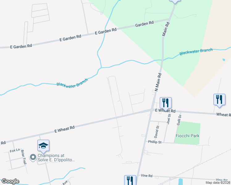 map of restaurants, bars, coffee shops, grocery stores, and more near 1512 East Wheat Road in Vineland