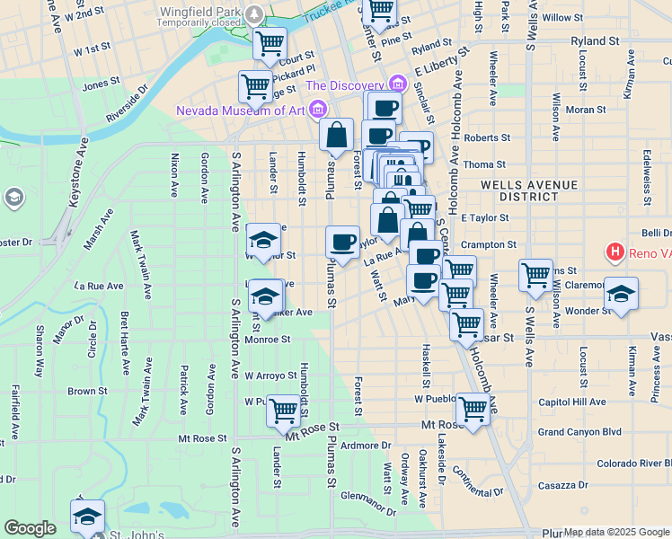 map of restaurants, bars, coffee shops, grocery stores, and more near 912 Plumas Street in Reno