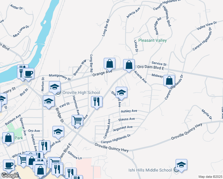 map of restaurants, bars, coffee shops, grocery stores, and more near 3425 Orange Avenue in Oroville