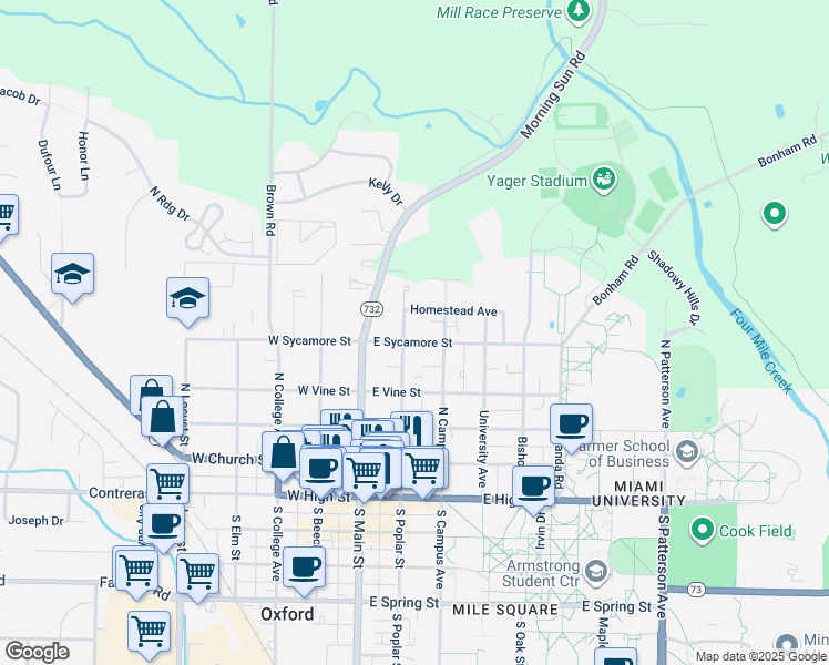 map of restaurants, bars, coffee shops, grocery stores, and more near 420 North Poplar Street in Oxford