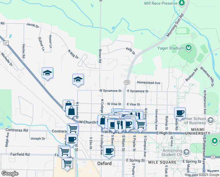 map of restaurants, bars, coffee shops, grocery stores, and more near 416 North Beech Street in Oxford