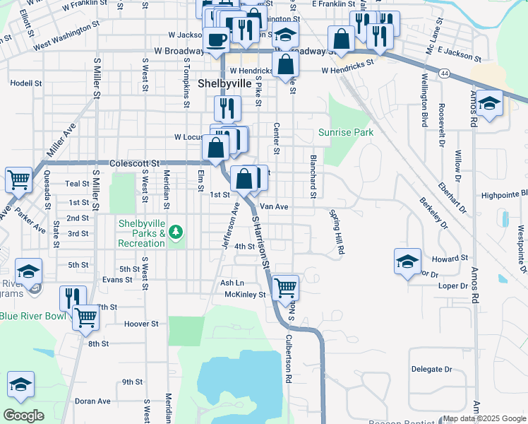 map of restaurants, bars, coffee shops, grocery stores, and more near 114 Van Avenue in Shelbyville