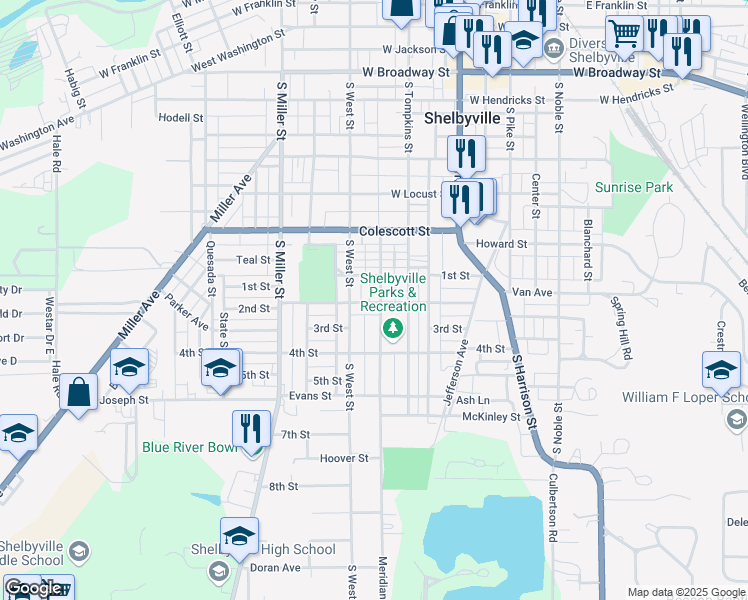 map of restaurants, bars, coffee shops, grocery stores, and more near 905 Meridian Street in Shelbyville