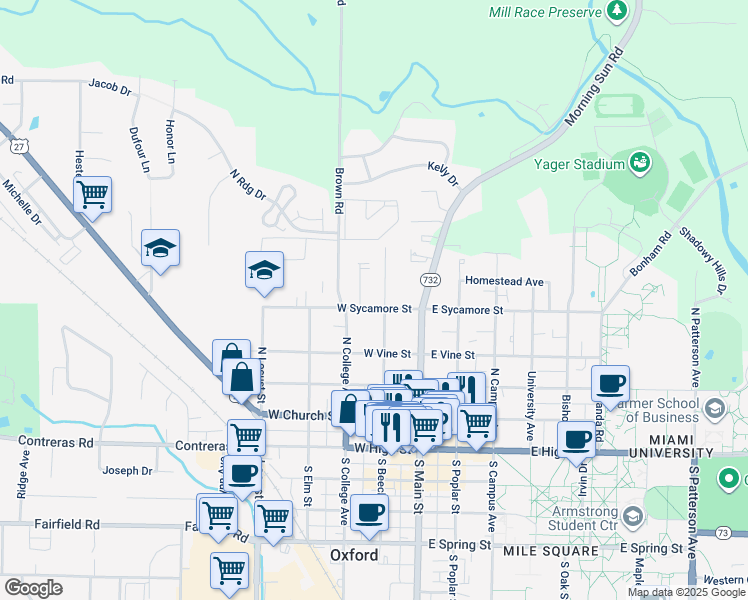 map of restaurants, bars, coffee shops, grocery stores, and more near 416 North Beech Street in Oxford