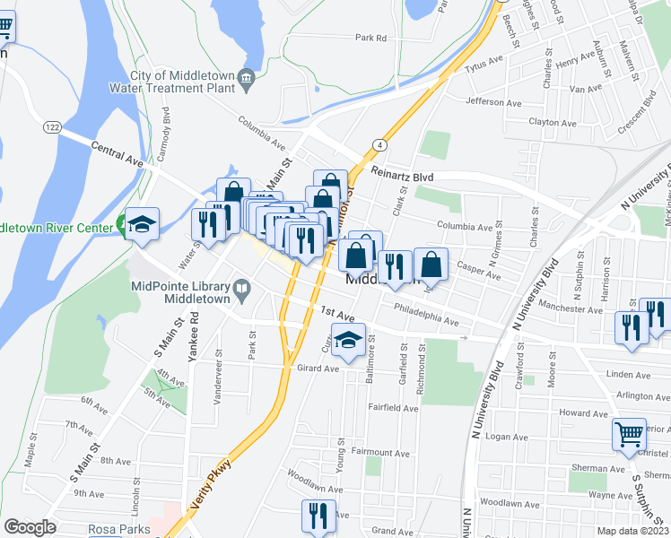 map of restaurants, bars, coffee shops, grocery stores, and more near 1321 Central Avenue in Middletown
