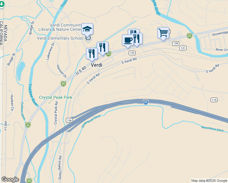 map of restaurants, bars, coffee shops, grocery stores, and more near 800 Buckbrush Lane in Reno