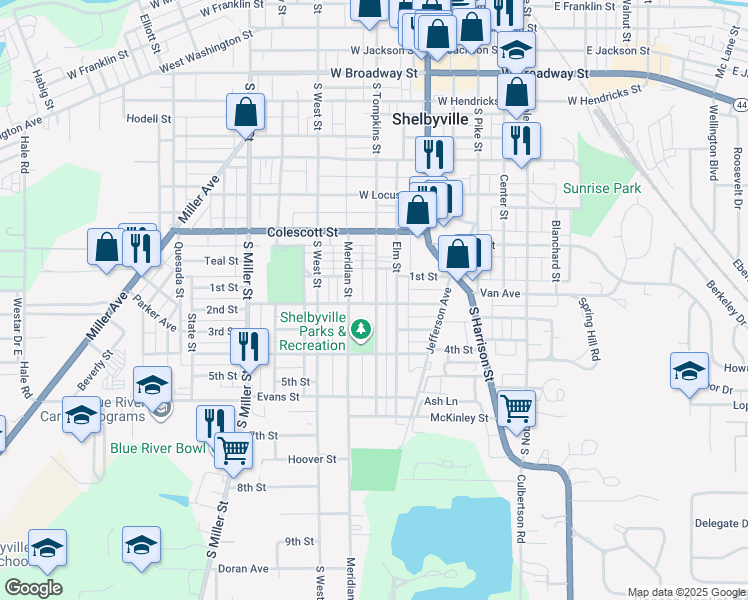 map of restaurants, bars, coffee shops, grocery stores, and more near 854 South Tompkins Street in Shelbyville