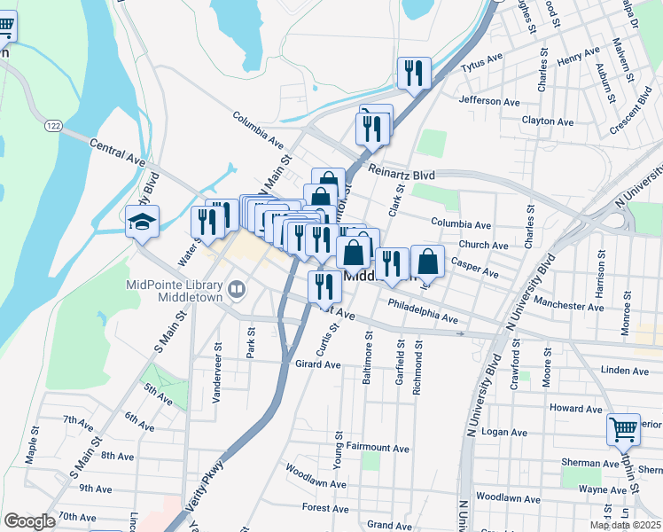 map of restaurants, bars, coffee shops, grocery stores, and more near 1317 Central Avenue in Middletown