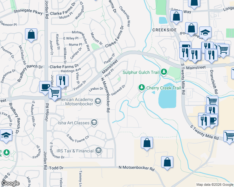 map of restaurants, bars, coffee shops, grocery stores, and more near 11372 Haswell Drive in Parker
