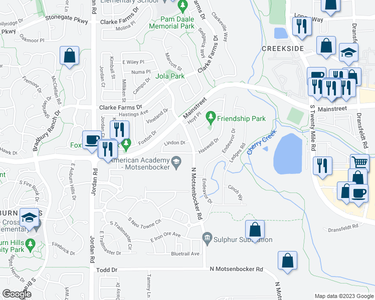 map of restaurants, bars, coffee shops, grocery stores, and more near 17333 Paoli Way in Parker